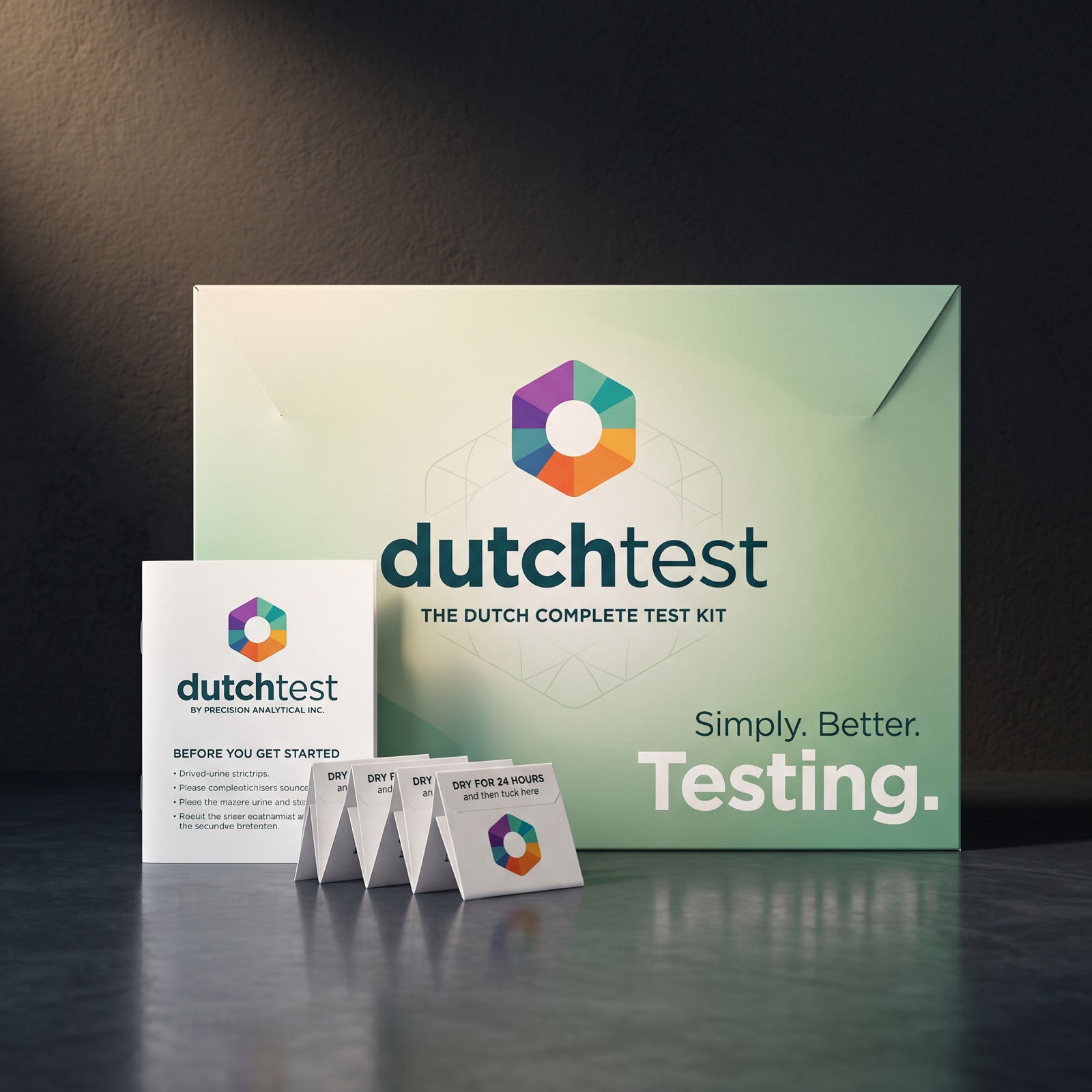 DUTCH Adrenal test kit by Precision Analytical — cinematic editorial product photograph on a brushed dark stone surface