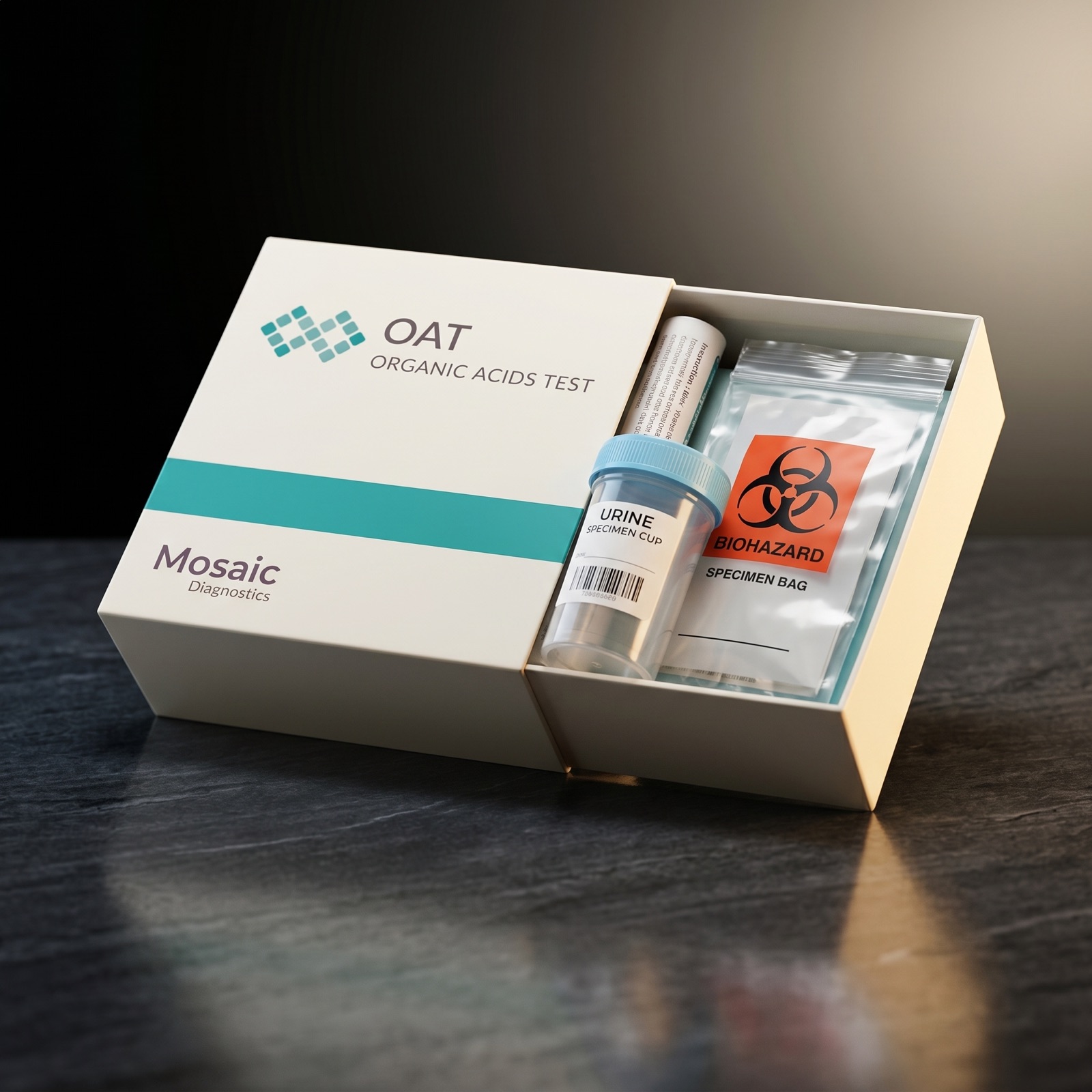 Organic Acid Test (OAT) kit by Mosaic Diagnostics — cinematic editorial product photograph on a brushed dark stone surface