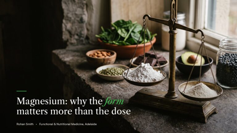 A brass balance scale tipping toward a small mound of fine magnesium powder over a larger heap of coarse powder, with magnesium-rich foods behind