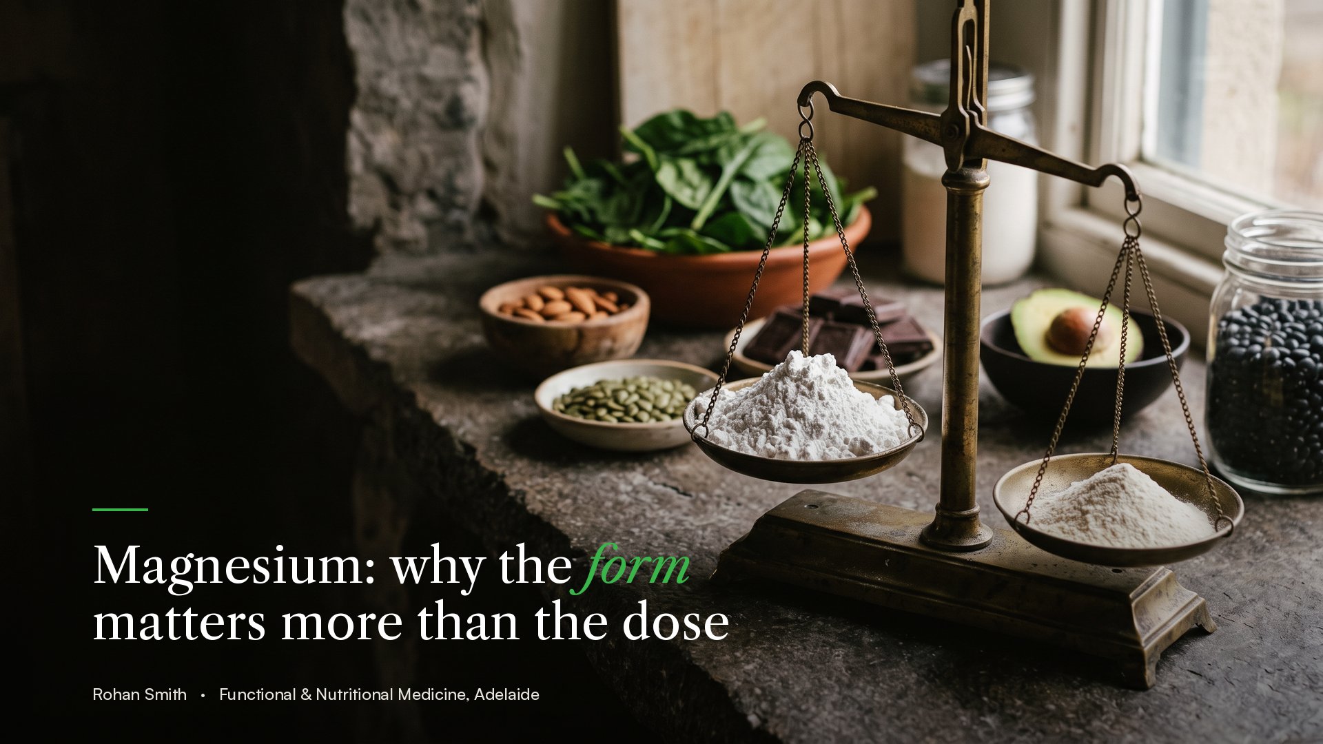 A brass balance scale tipping toward a small mound of fine magnesium powder over a larger heap of coarse powder, with magnesium-rich foods behind
